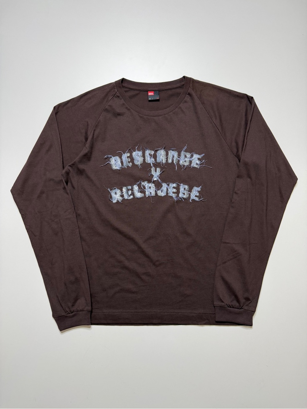 Vintage Diesel Applique Long Sleeve T-Shirt Mens Large Brown Blue Y2K